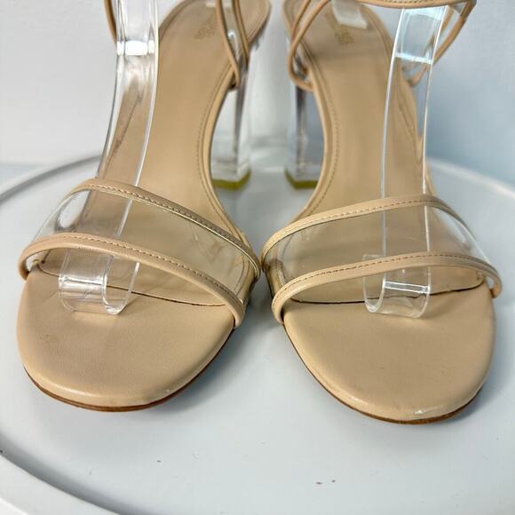 Michael Kors Heels Tori Lucite Clear Plastic Open Toe Buckle Ankle Strap Tan 11 - Picture 7 of 12